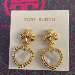 Tory Burch Logo Heart Drop Earrings Gold Tone Mother of Pearl Dangle